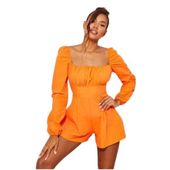 Pretty Little Things size 6 bright orange tie back long sleeve playsuit NWT - Picture 1 of 7